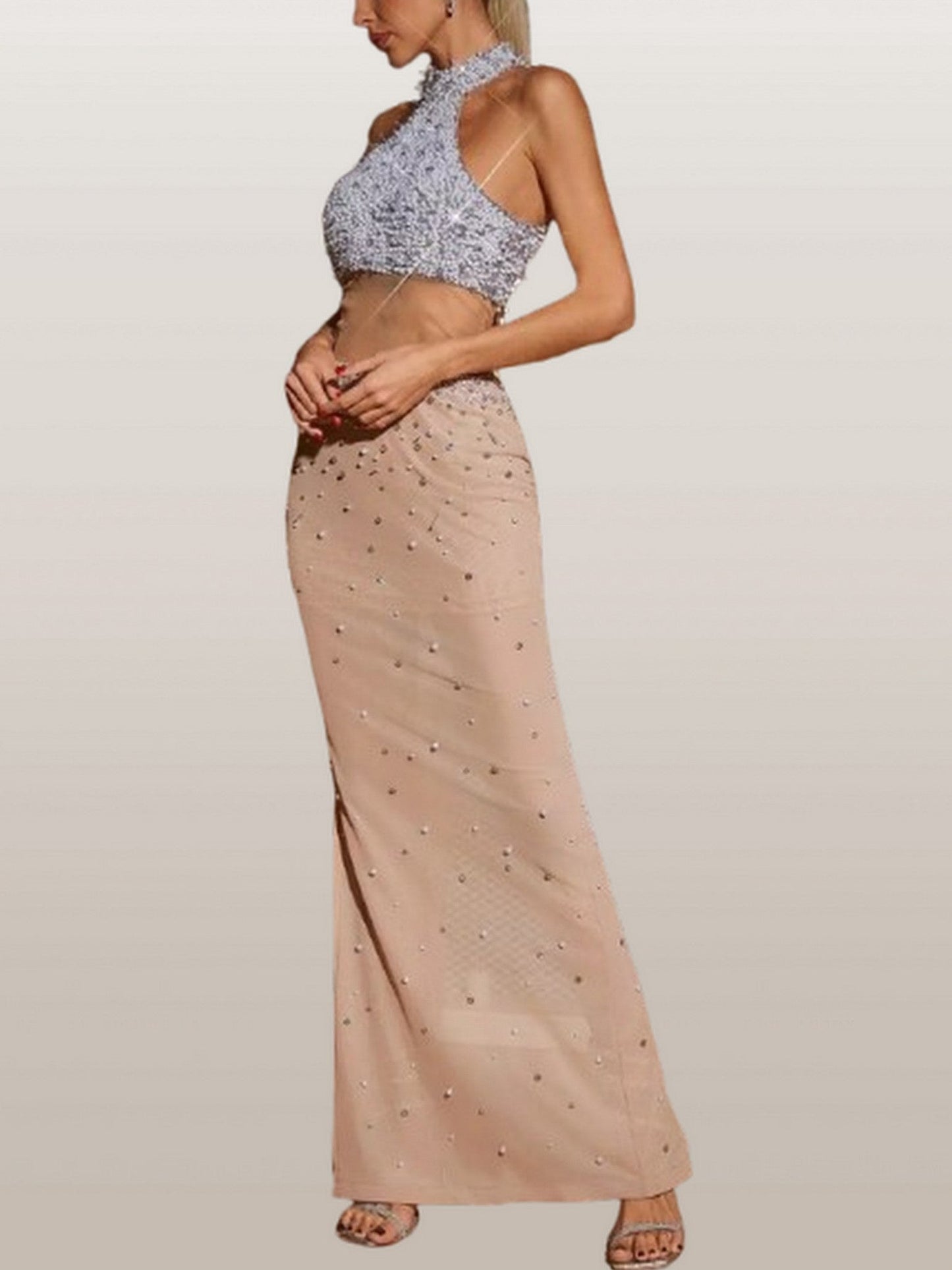 Embellished Halterneck Contrasting Sheer-Panel Gown - Dresses