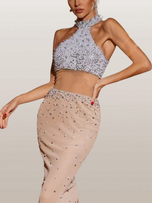 Embellished Halterneck Contrasting Sheer-Panel Gown - Dresses