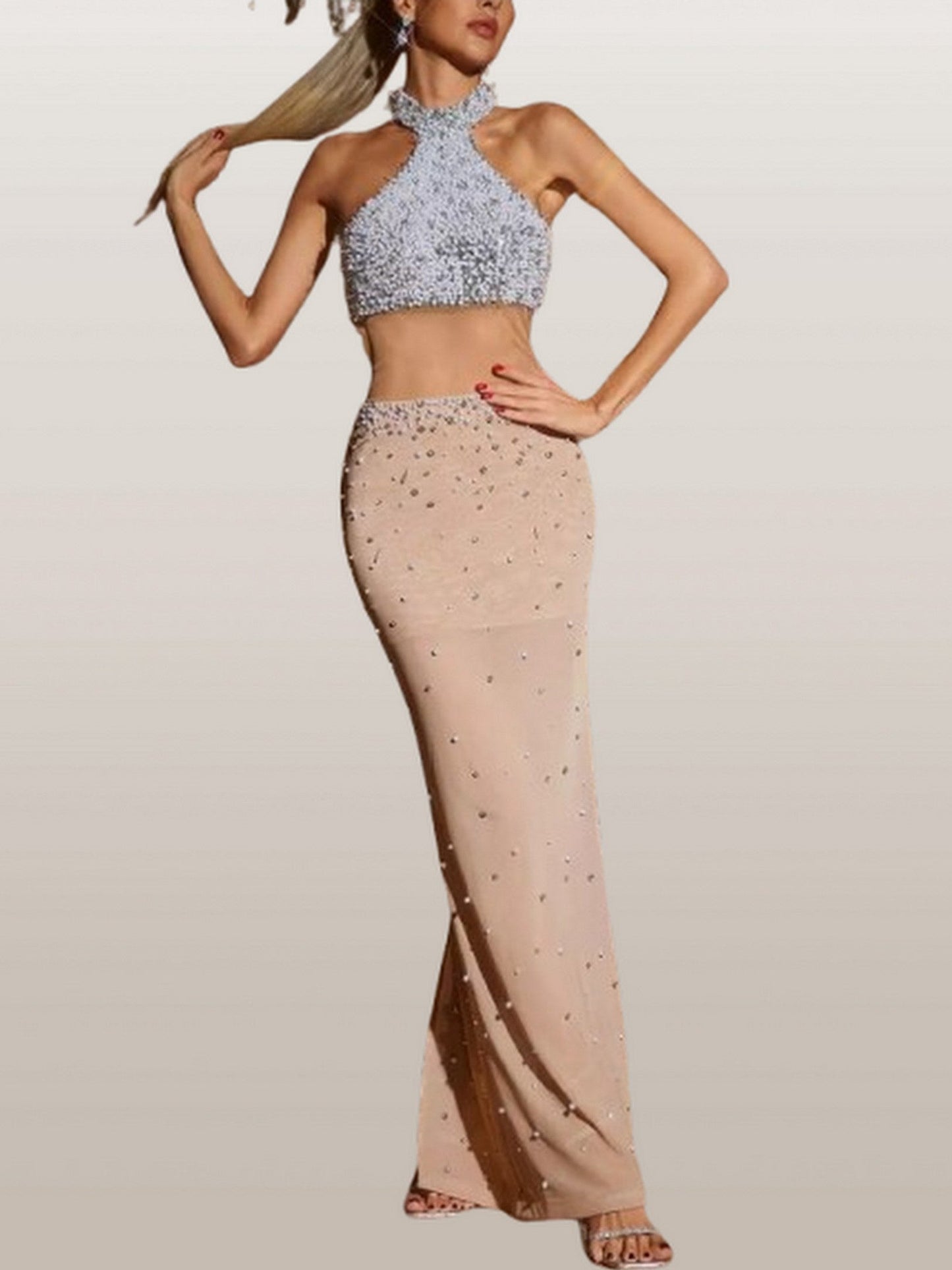 Embellished Halterneck Contrasting Sheer-Panel Gown - XS - Dresses