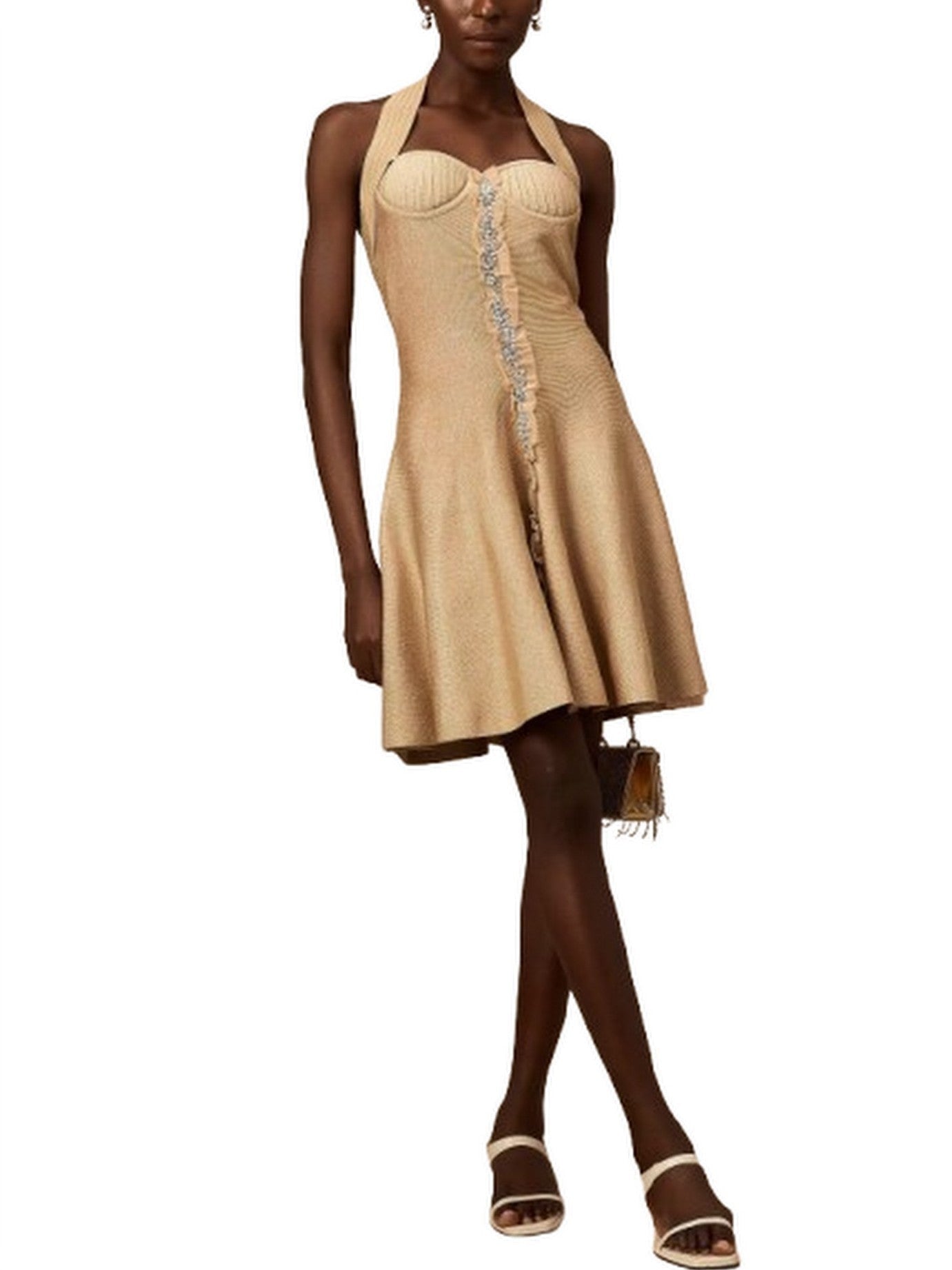 Embellished Knit Ruffle Halterneck Mini Dress - Dresses