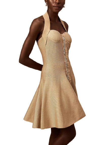 Embellished Knit Ruffle Halterneck Mini Dress - Dresses