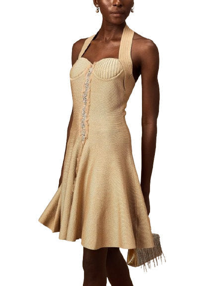 Embellished Knit Ruffle Halterneck Mini Dress - Dresses
