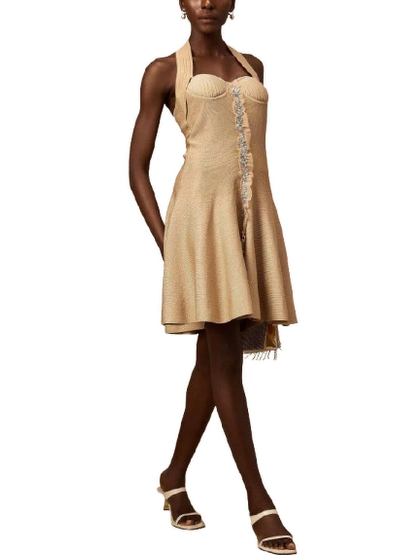Embellished Knit Ruffle Halterneck Mini Dress - Dresses