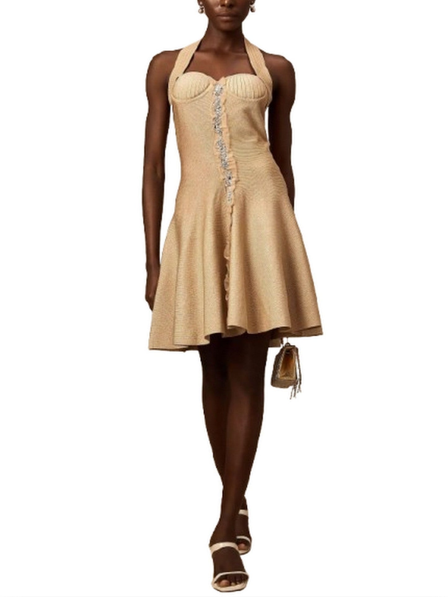 Embellished Knit Ruffle Halterneck Mini Dress - Dresses