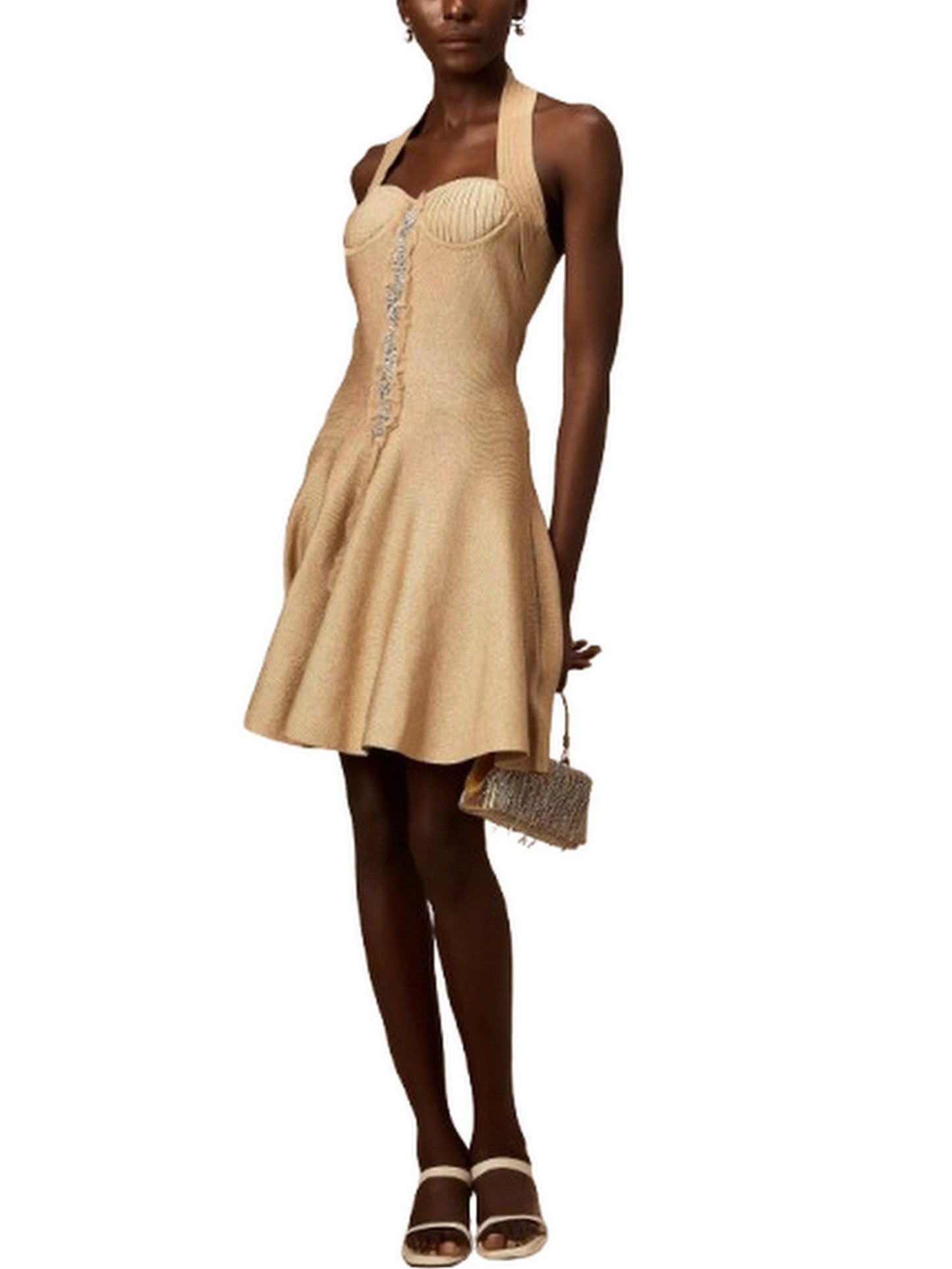 Embellished Knit Ruffle Halterneck Mini Dress - Dresses