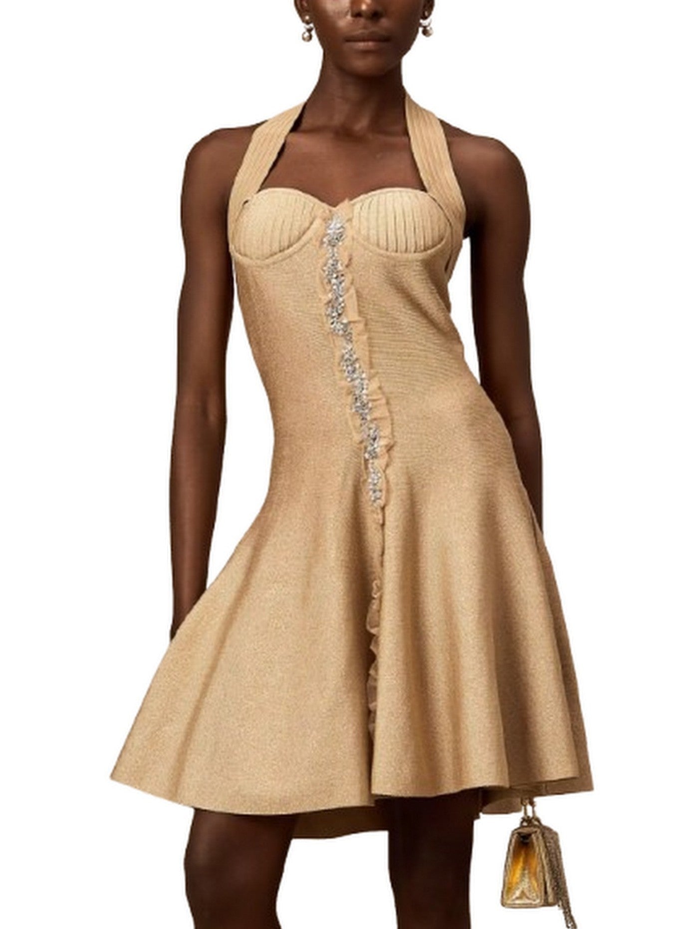 Embellished Knit Ruffle Halterneck Mini Dress - S - Dresses