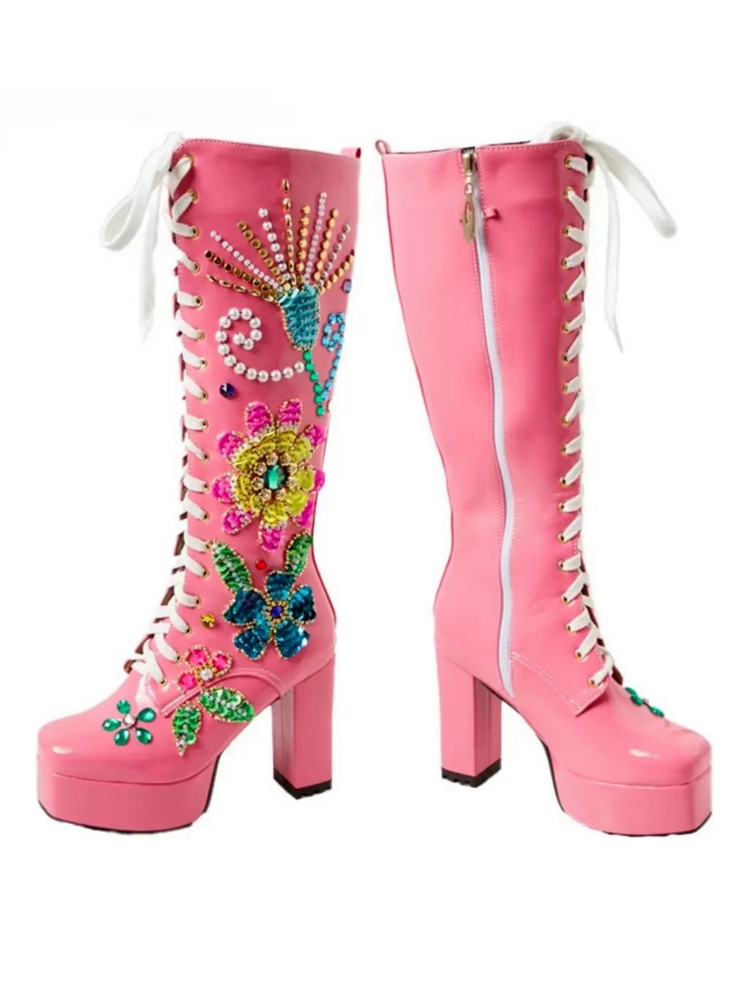 Pink embellished lace-up leather platform boots with stylish design and unique details