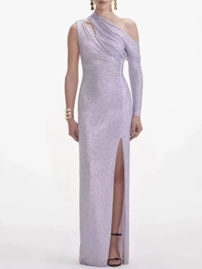Embellished Lilac One-Shoulder Maxi Dress - Dresses