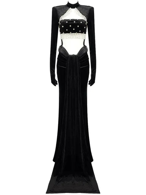 Embellished Long Cut-Out Velvet Gown with Sleeves - Dresses