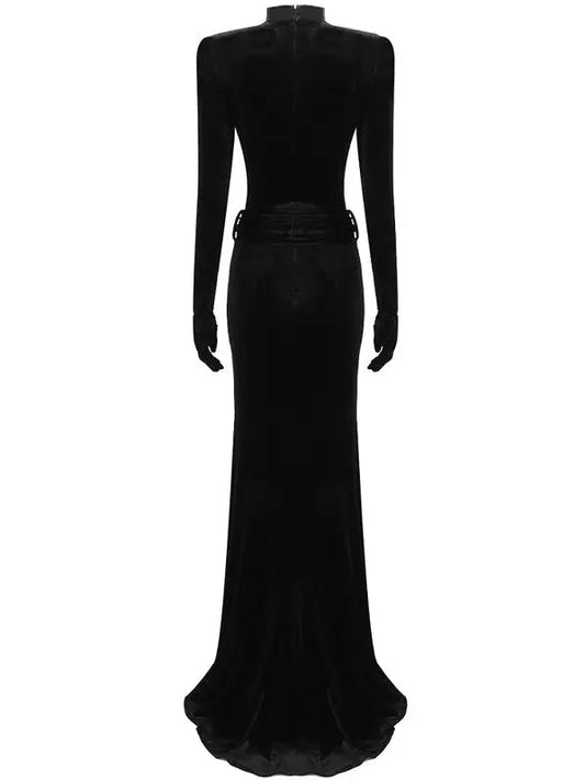 Embellished Long Cut-Out Velvet Gown with Sleeves - Dresses