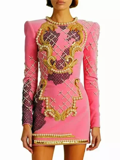Embellished Long Sleeve Velvet Mini Dress - Dresses