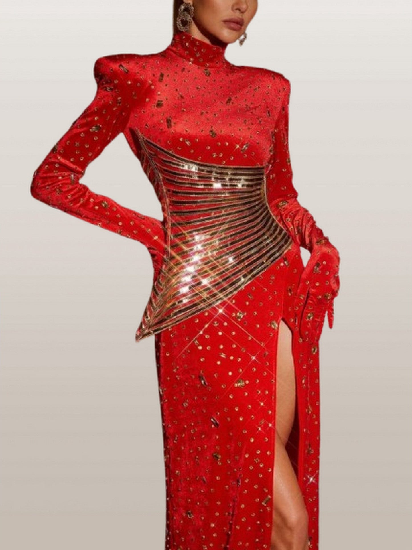 Embellished Maxi Dress with Paneling and High Slit - Dresses