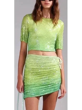Embellished Mesh Crop Top and and Tie-Side Mini Skirt Set - Suits & Sets
