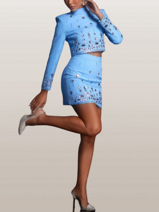 Embellished Mock-Neck Crop Top and Mini Skirt Set - Suits & Sets