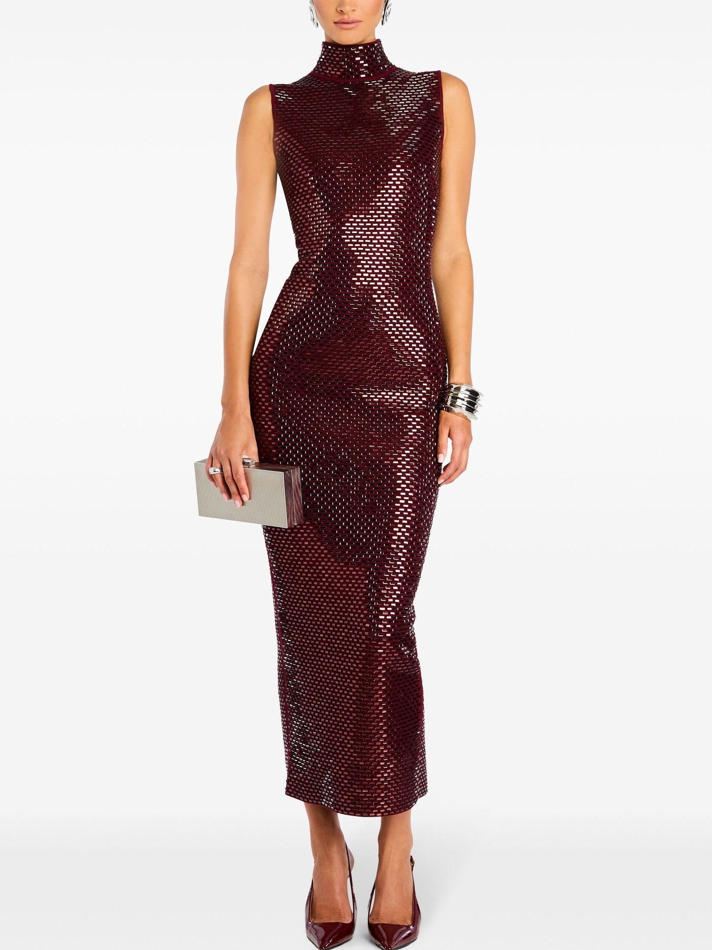 Burgundy sequined Embellished Mock-Neck Sheath Dress in Claret Red displayed elegantly