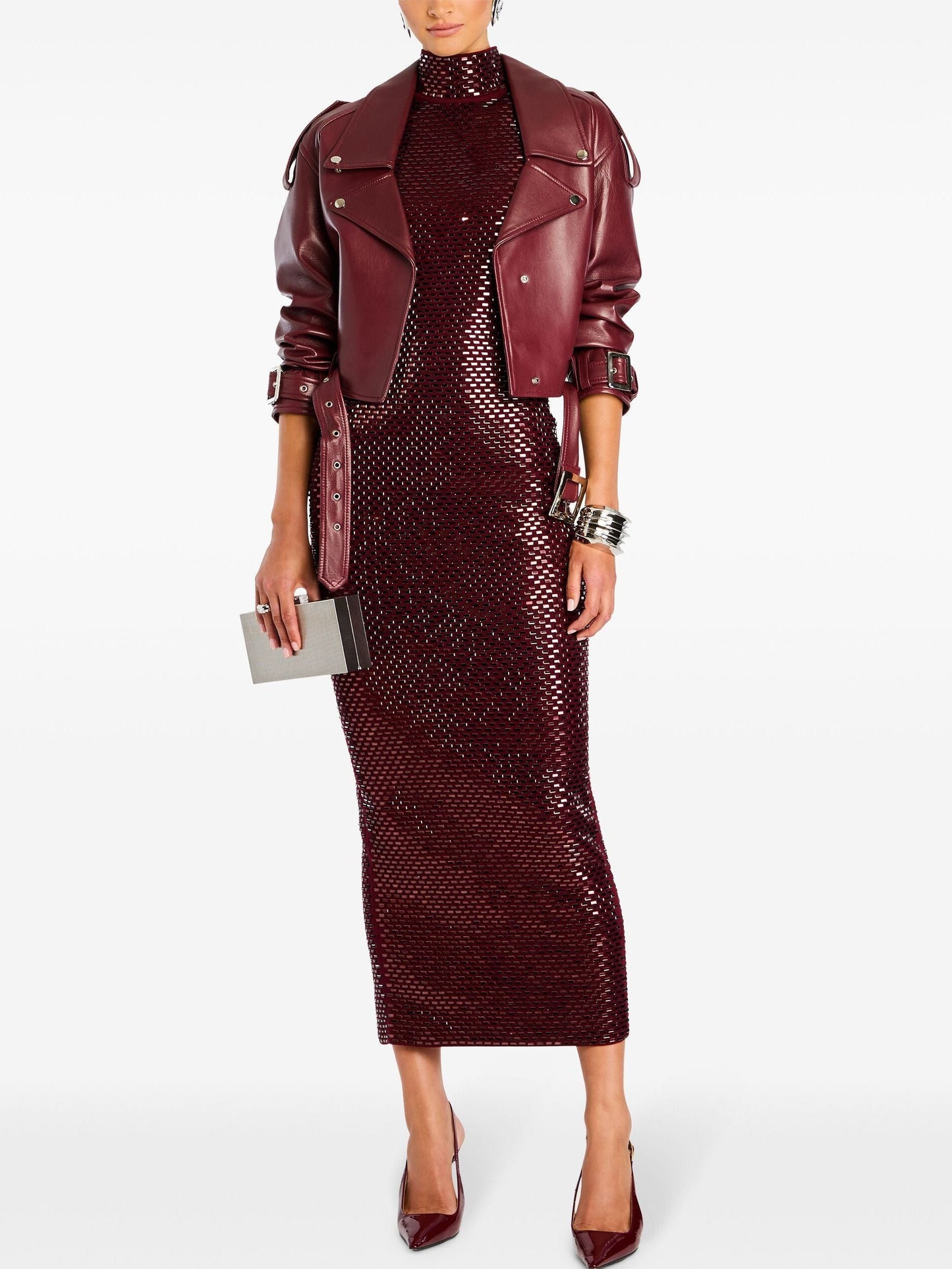 Burgundy sequined embellished mock-neck sheath dress in Claret Red for elegant occasions