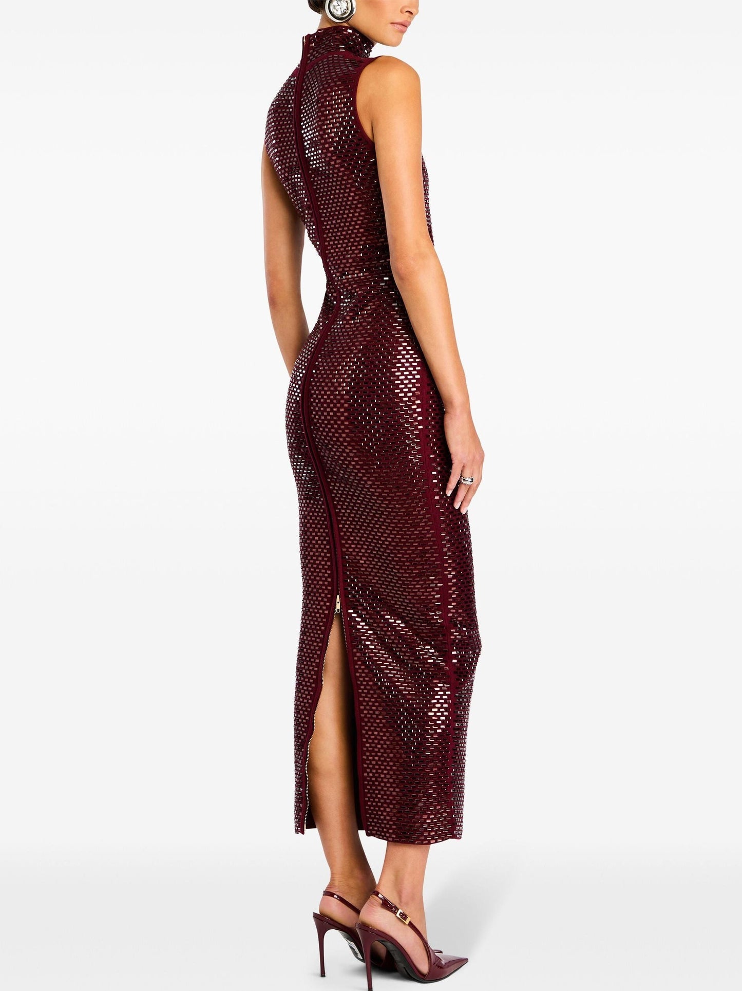 Burgundy sequined embellished mock-neck sheath dress in claret red for elegant occasions