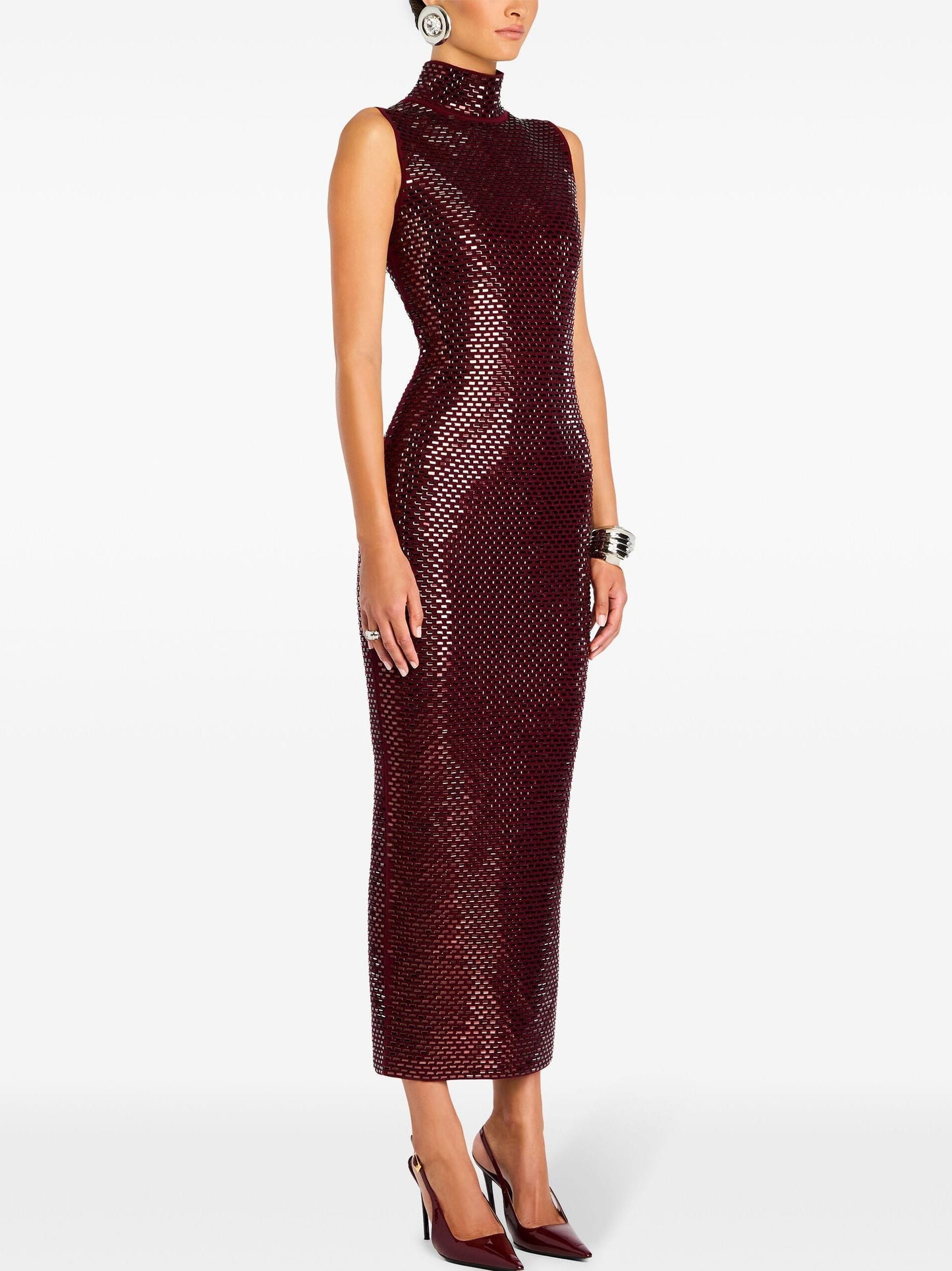 Burgundy sequined embellished mock-neck sheath dress in claret red for stylish occasions