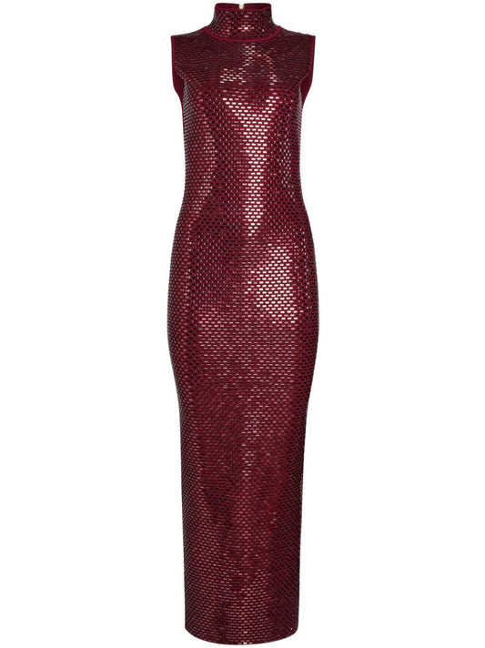 Maroon sequined embellished mock-neck sheath dress in claret red for elegant occasions
