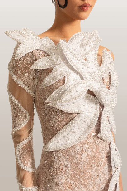 Embellished One-Sleeve White Gown with Appliques - Dresses