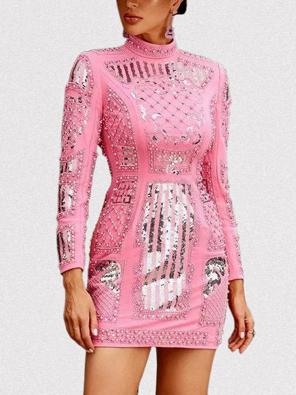 Embellished Pink Mock-Neck Mini Dress - Dresses
