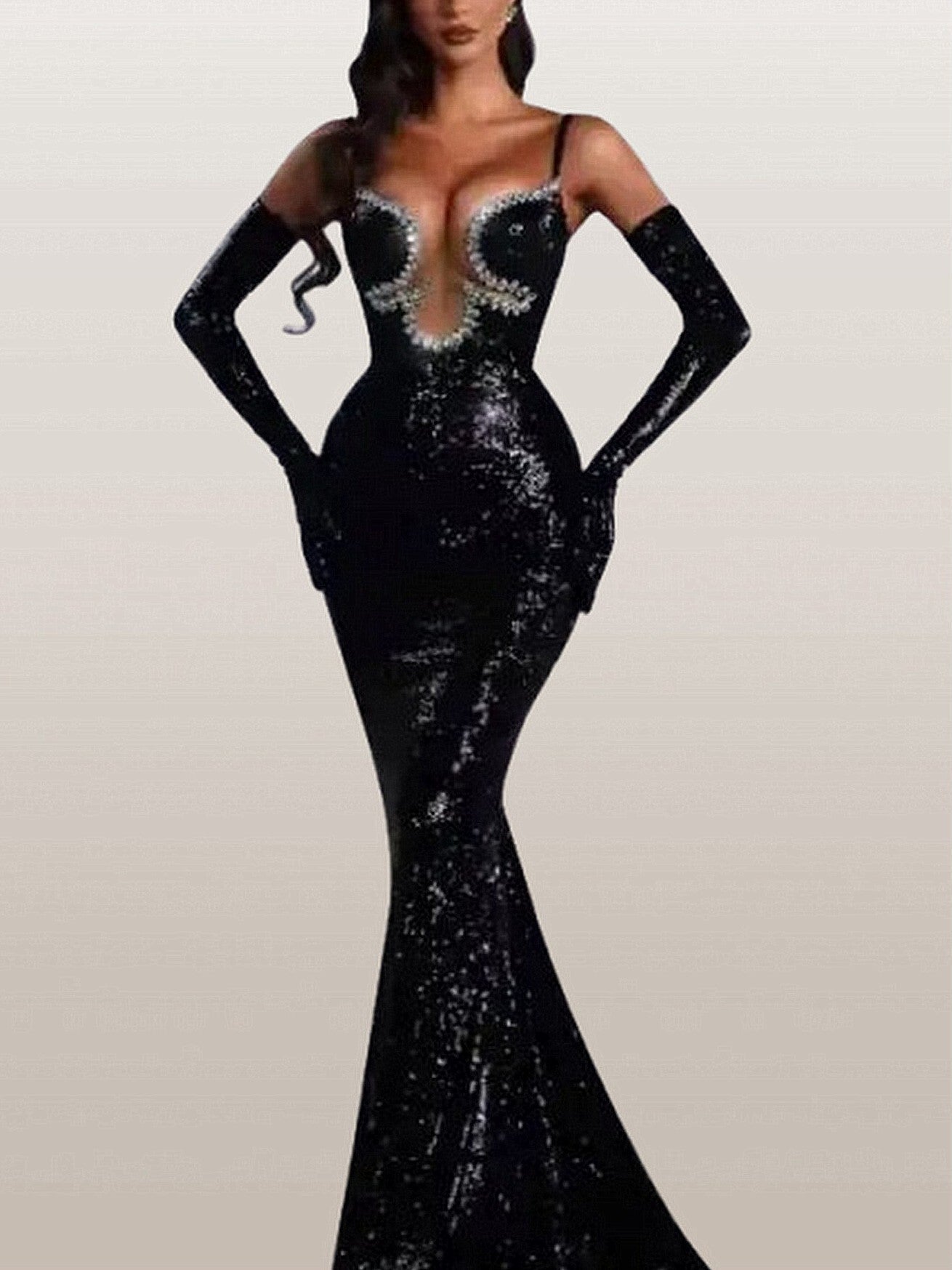 Embellished Sculptured Cut-Out Dress with Gloves - Dresses