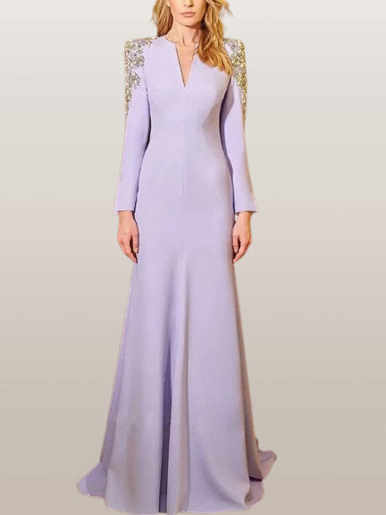 Embellished-Shoulder V-Neck Gown in Lavender - Dresses