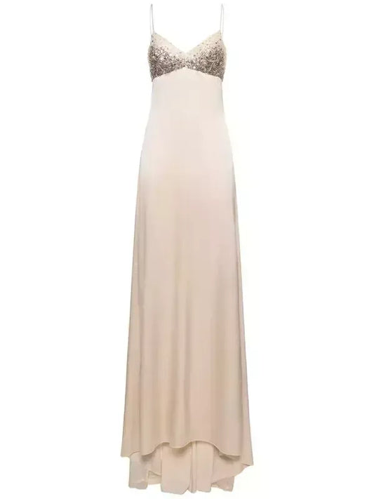 Embellished Silk Sleeveless Long Slip Dress - Dresses