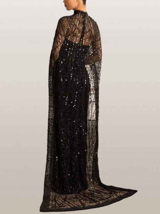 Embellished Sleeveless Gown with Cape in Black - Dresses