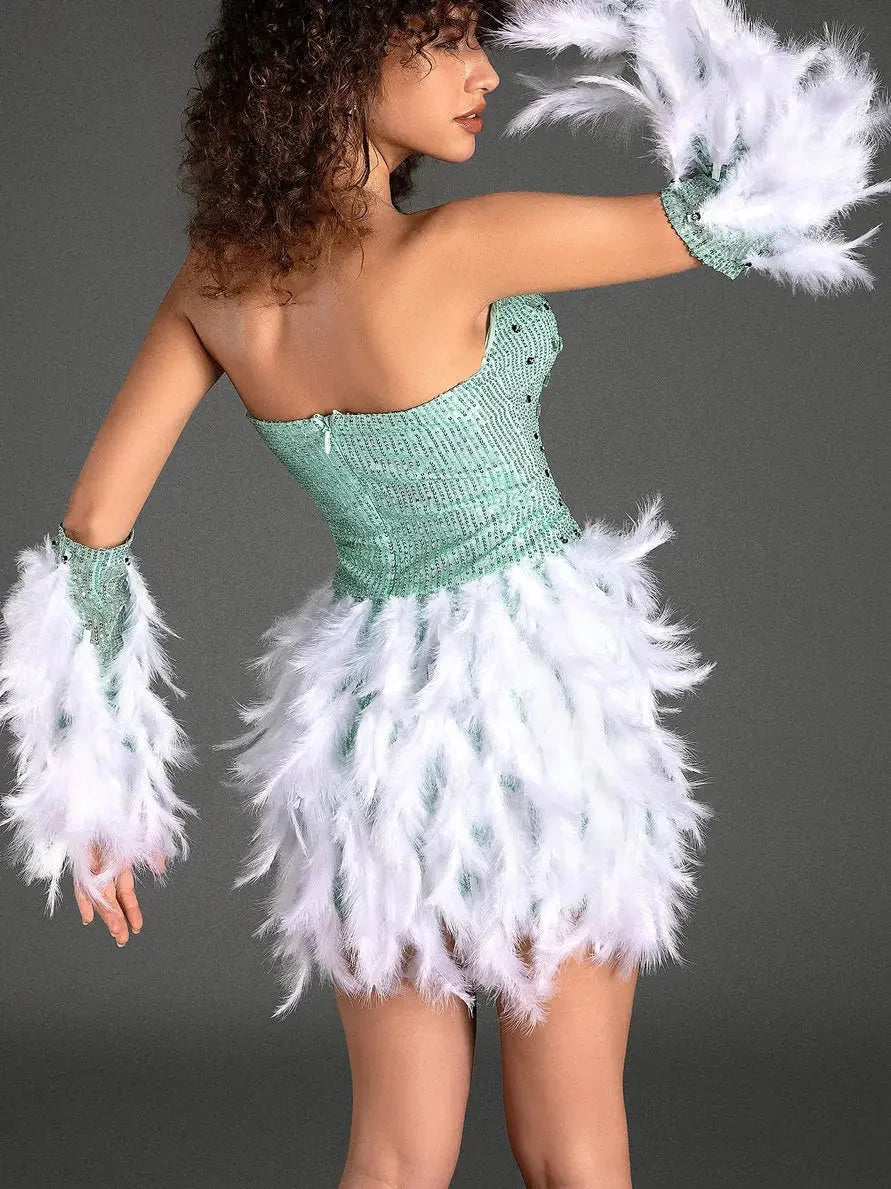 Embellished Strapless Feather Mini Dress with Matching Gloves - Dresses