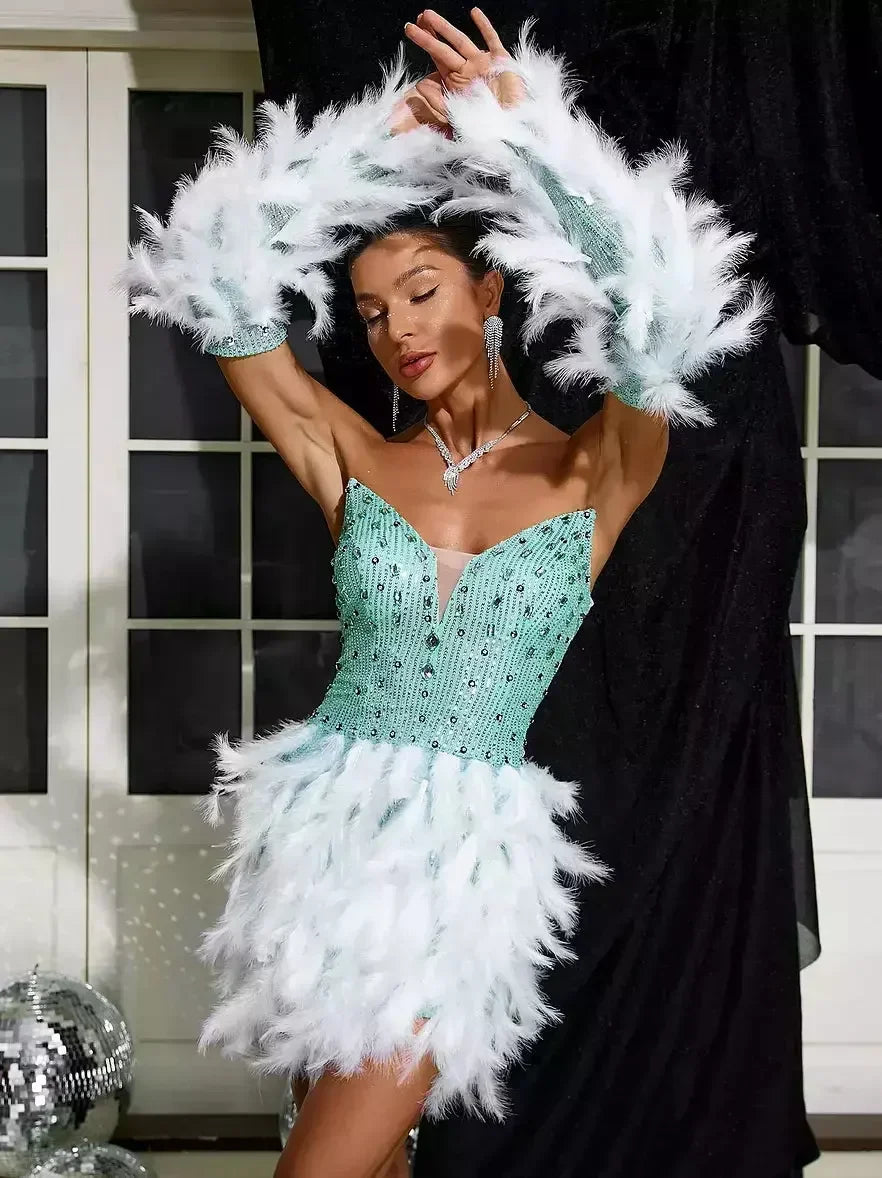Embellished Strapless Feather Mini Dress with Matching Gloves - Dresses