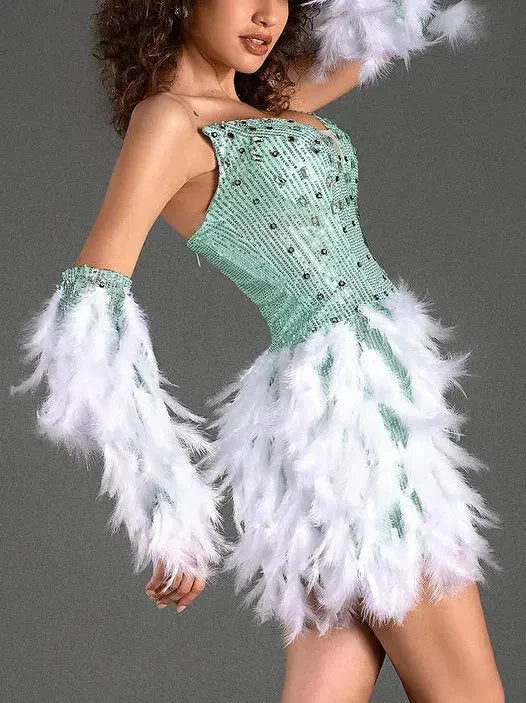 Embellished Strapless Feather Mini Dress with Matching Gloves - Dresses