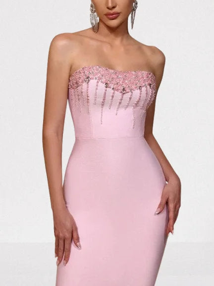 Embellished Strapless Fitted Long Pink Gown - Dresses