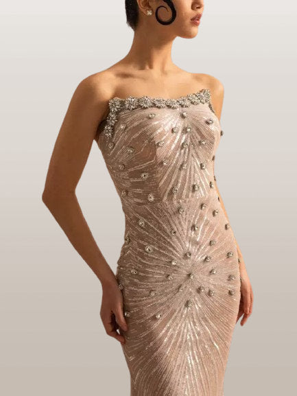 Embellished Strapless Long Beige Gown - Dresses