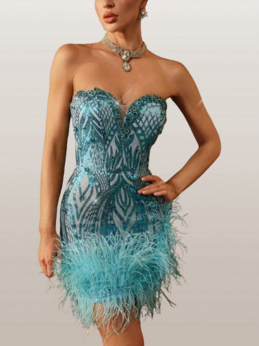 Embellished Strapless Mini Dress with Feather Trim - Dresses