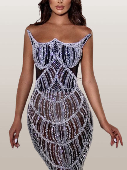 Embellished Structured Strapless Long Gown - Dresses