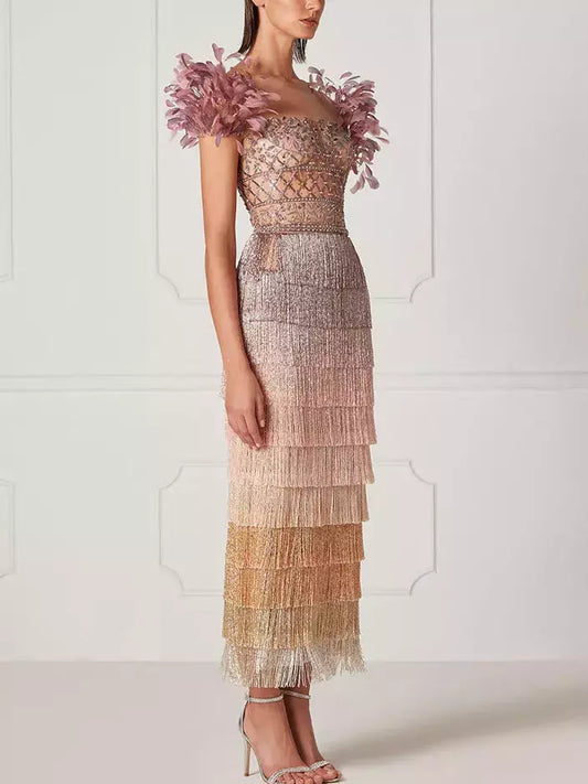 Elegant Embellished Tiered Tassel Gown with Short Feather Sleeves in ombre design