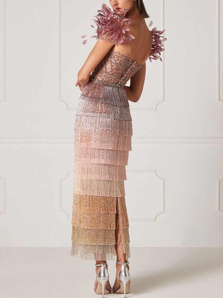Ombre fringe gown with feather accents in an Embellished Tiered Tassel design