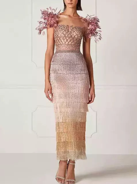 Elegant beaded and feathered ombre Embellished Tiered Tassel Gown with Short Feather Sleeves