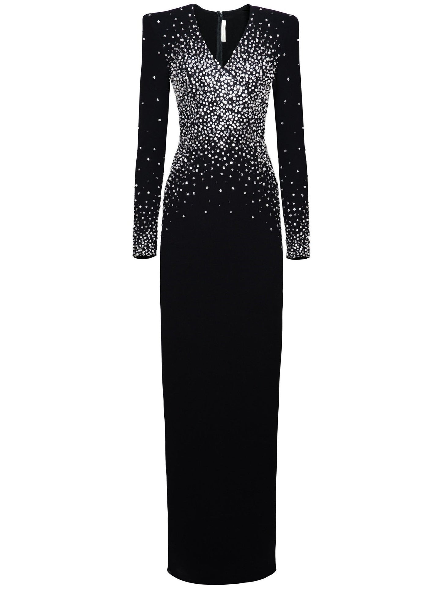 Elegant black velour gown with crystal embellishments, featuring a flattering V-neck design