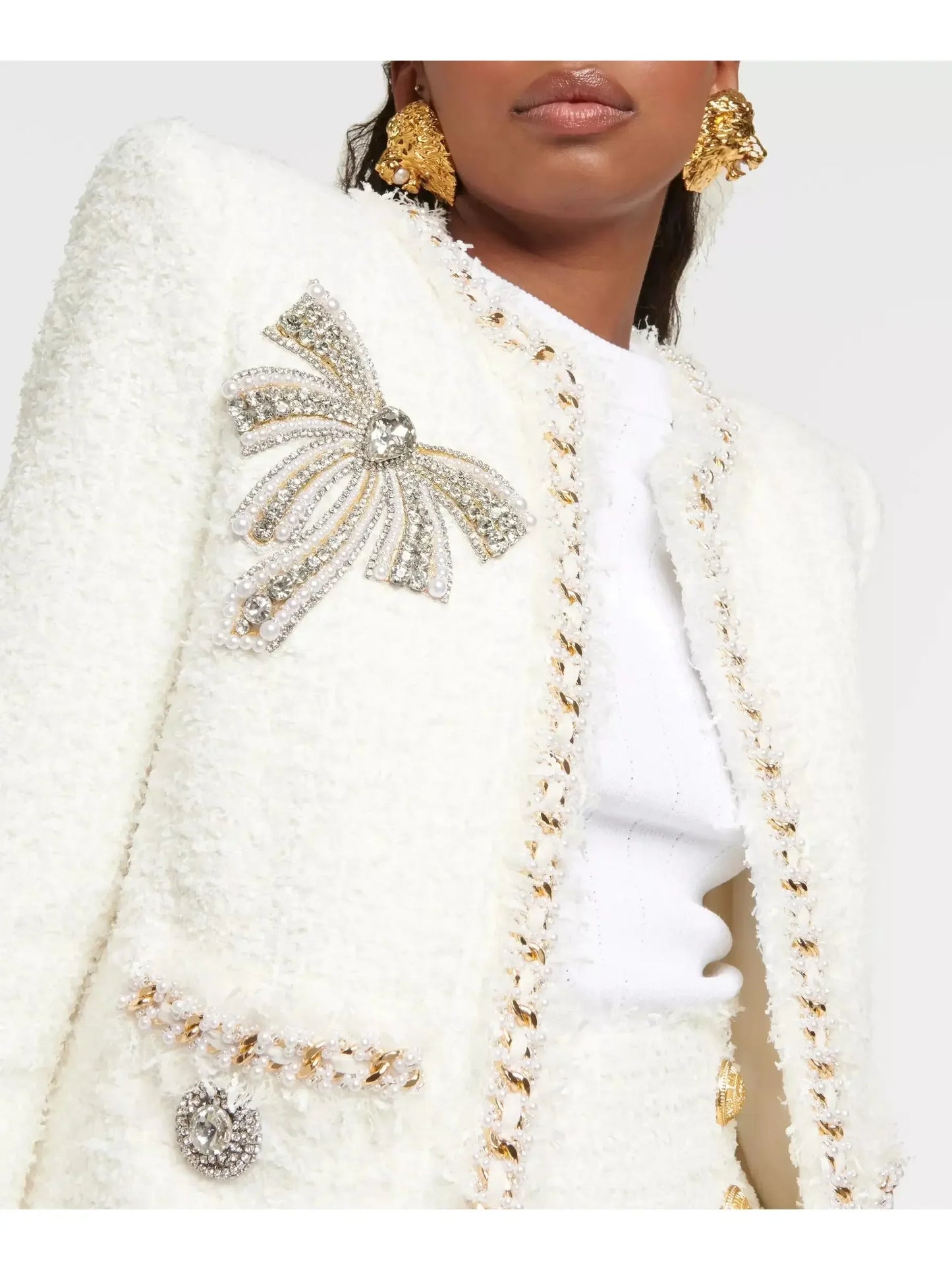 Embellished White Tweed Jacket - Jackets