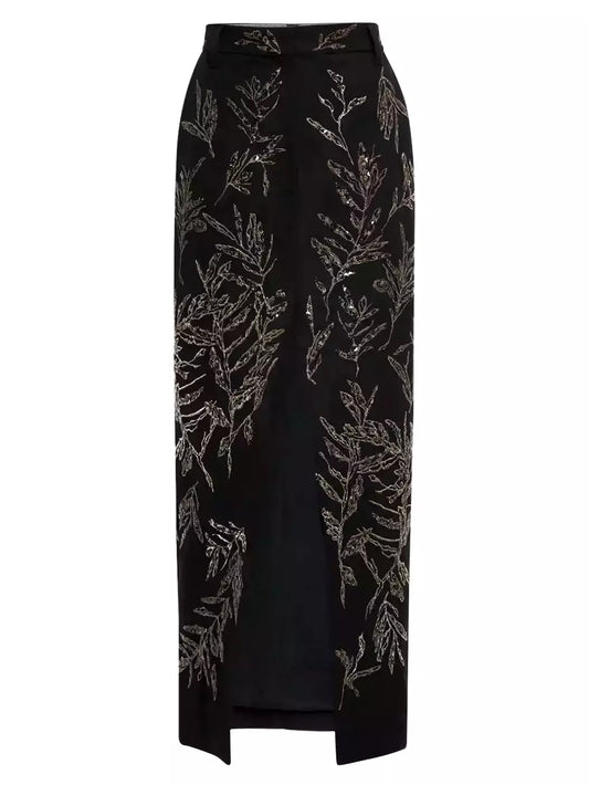 Embroidered black cotton and linen front-slit skirt with silver leaf embellishments