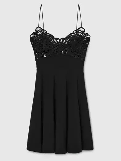 Embroidered Black Mini Slip Dress featuring a black dress with lace bodice design