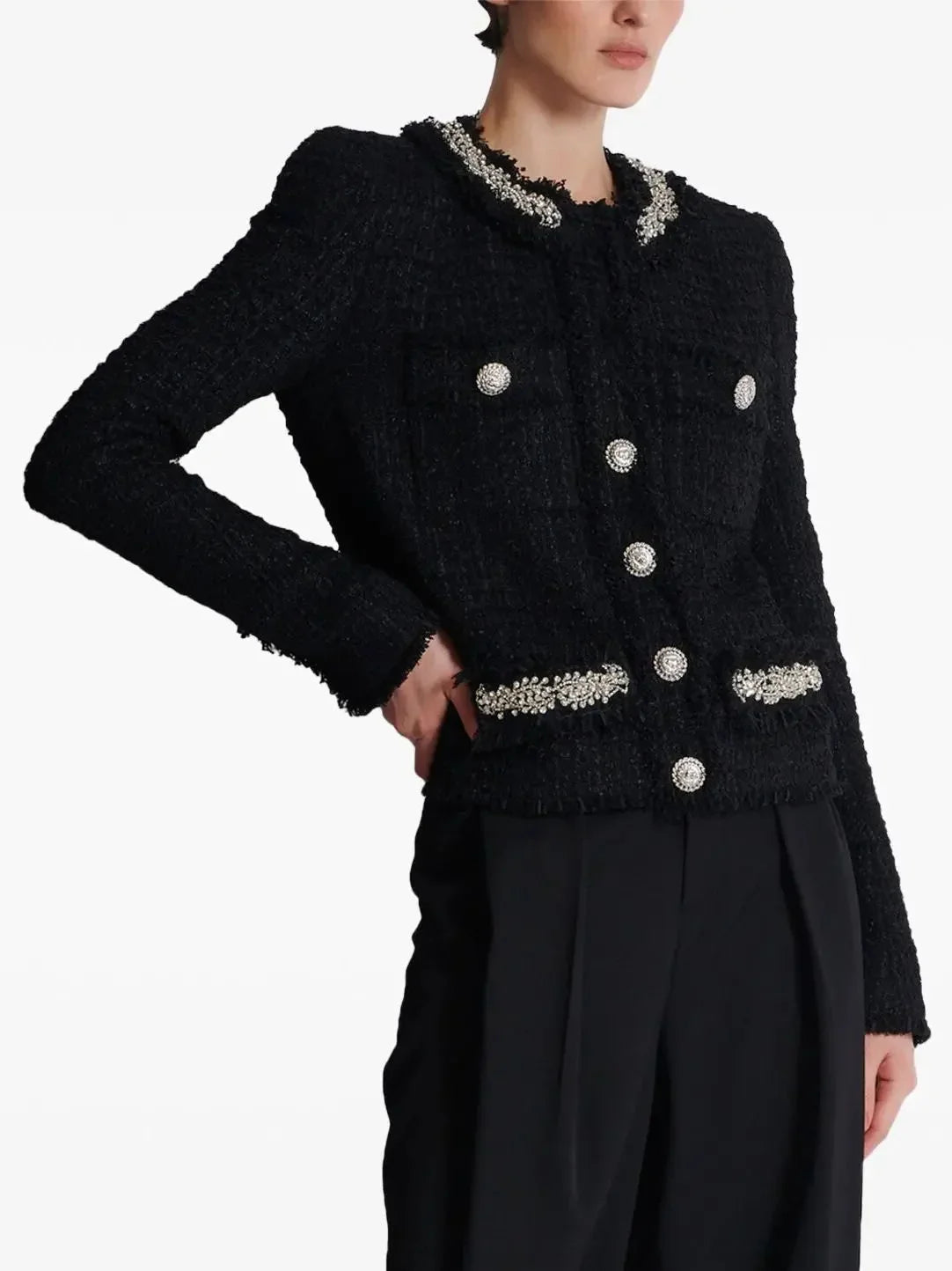 Embroidered Black Tweed Jacket - Jackets