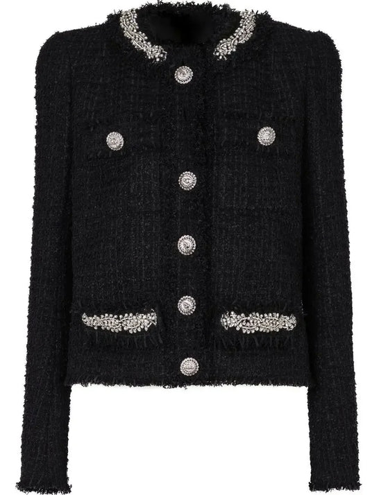 Embroidered Black Tweed Jacket - Jackets