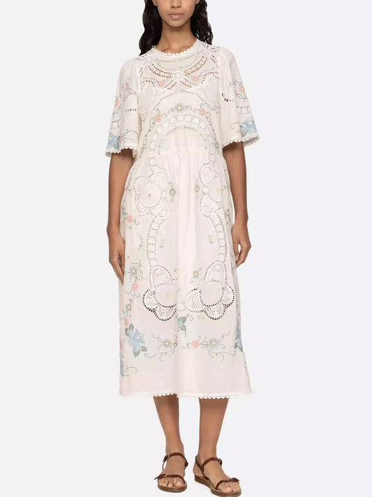 Embroidered Cotton and Linen Midi Dress in White - Dresses