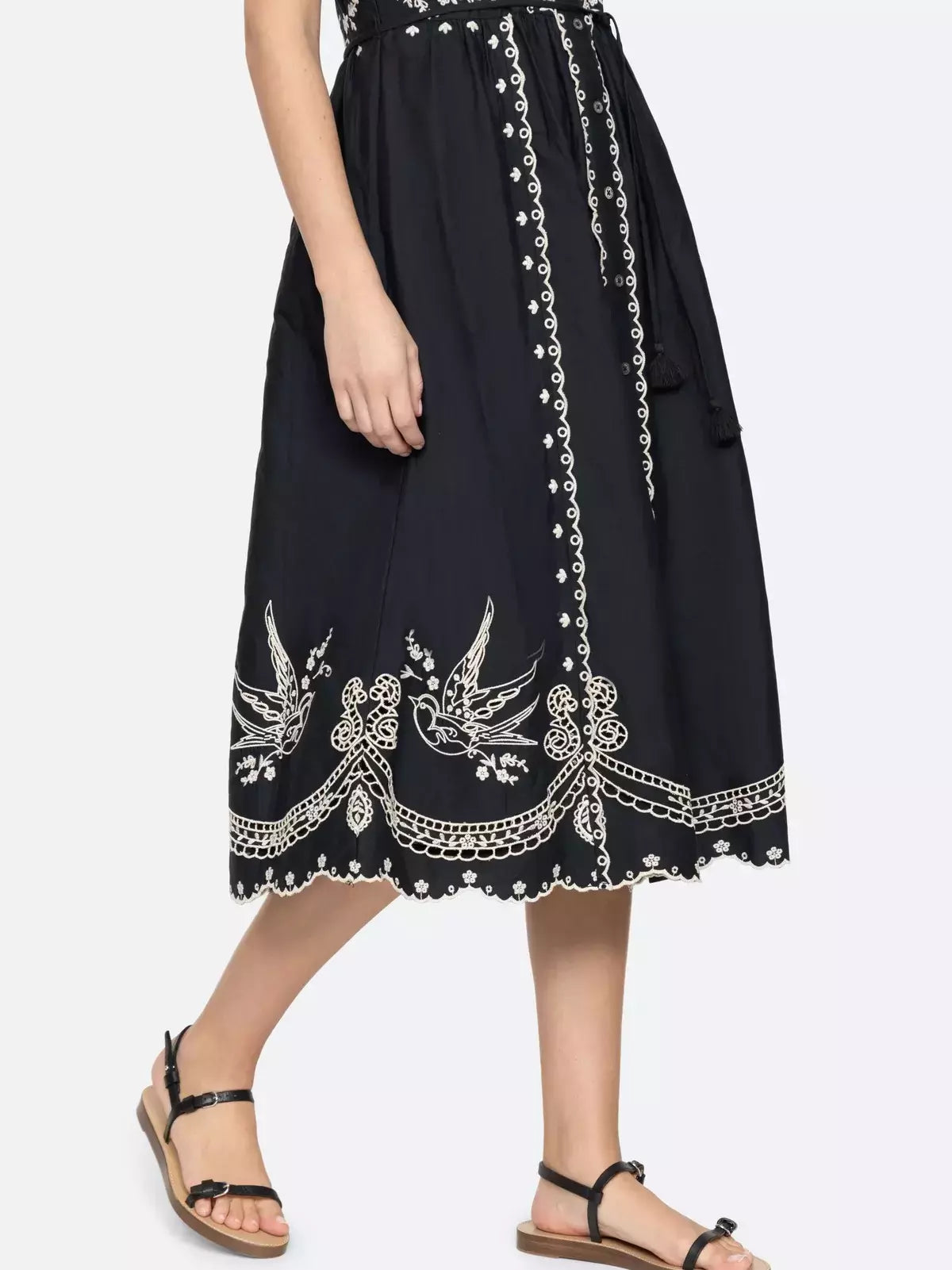 Embroidered Cotton Frill Midi Dress in Black - Dresses