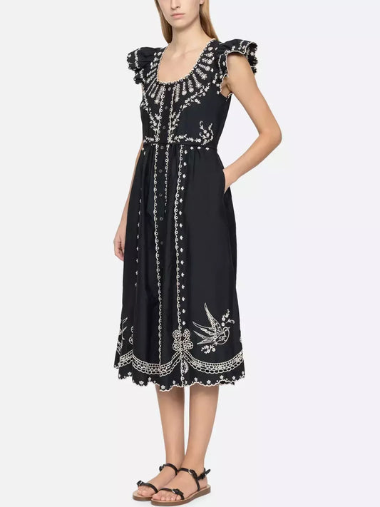 Embroidered Cotton Frill Midi Dress in Black - Dresses