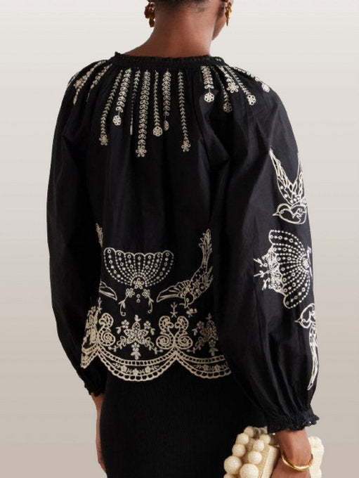 Embroidered Cotton Poplin Blouse in Black - Tops
