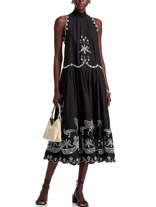 Embroidered Cotton Sleeveless Midi Dress in Black - Dresses